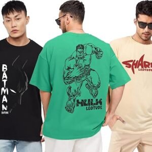 LEOTUDE Men's Cotton Regular Fit Half Sleeve Oversized Tshirt, Round Neck Longline Drop Shoulder | ful Printed Combo T-Shirt (Pack of 3)